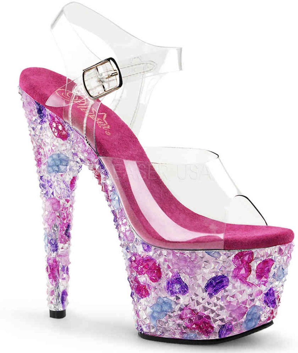 EU 38 = US 8 | CRYSTALIZE-708 | *7 Heel, 2 3/4 PF Ankle Strap Sandal w/Crystal Pattern